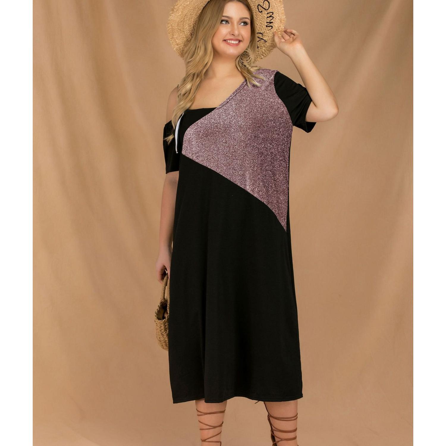 Лоскутное платье с вырезом на плечах для женщин — фото 4