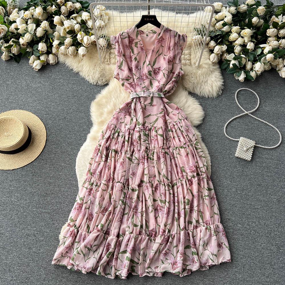 

Women s French Retro Floral Print Sleeveless V-Neck Dress - Chic Summer Style, Light Luxury, Long Skirt One Size розовый