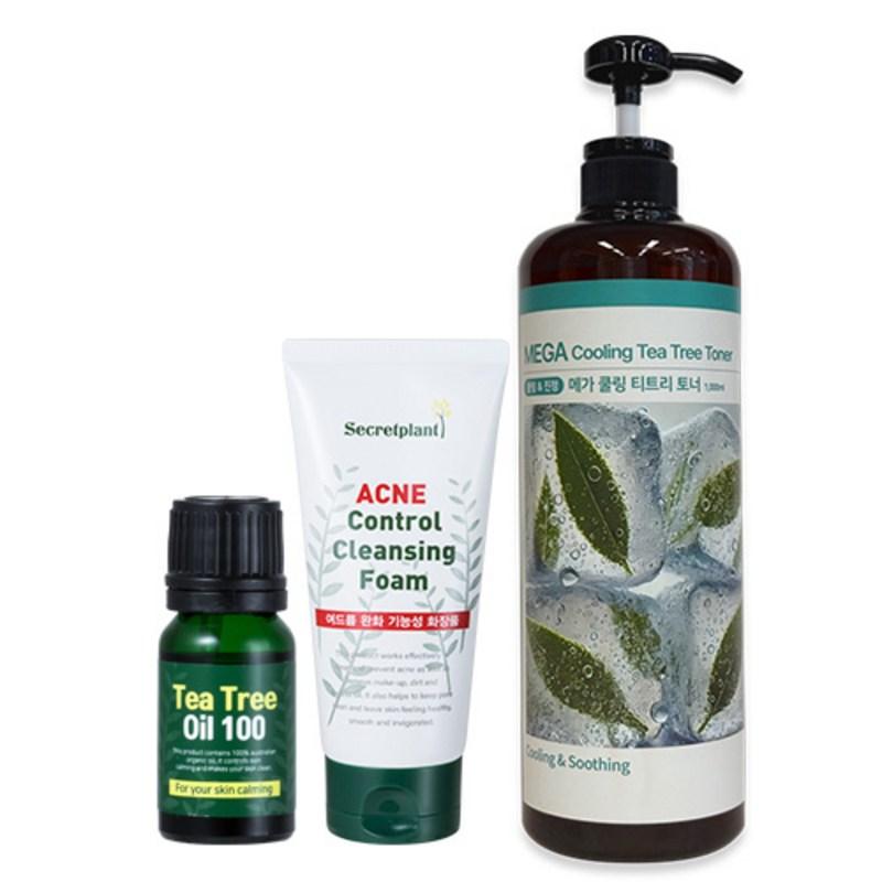 Secret Plant Acne Control Cleansing Foam + Tea Tree Oil + Mega Cooling Tea Tree Toner (Tea Tree Trouble Soothing 3-Piece Set), 1 Set