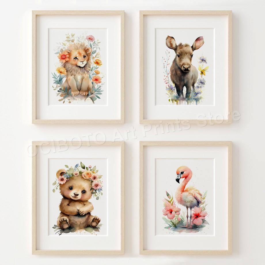Watercolor Animals Wildflower Lion Rabbit Bear Panda Cow Flamingo Posters Of Wall Art Canvas Prints Picture Baby Kids Room Decor