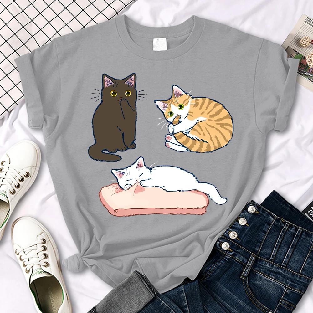 Mischievous Three Colored Kittens Print Women T Shirts Hip Hop Summer T Shirt Casual Comfortable Clothes Crewneck Soft Top
