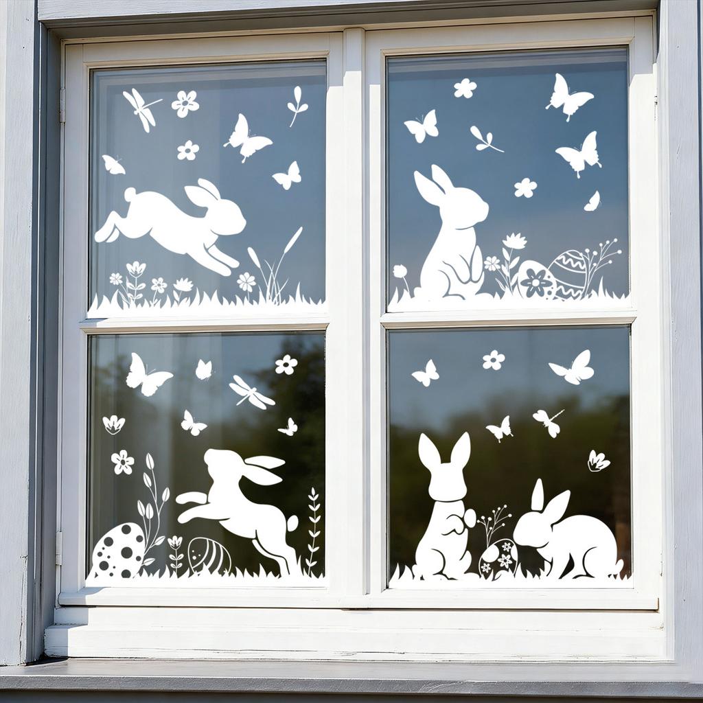 White Jumping Bunny Easter Window Clings Static Cling for Home Party Scene Decoration Removable Reusable