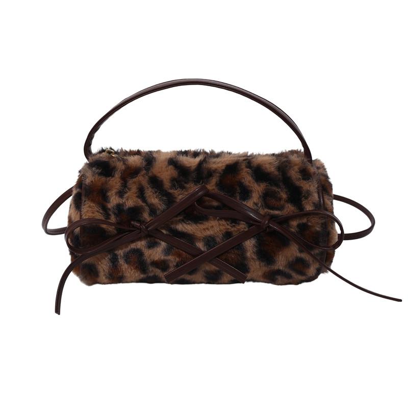 

2026 Winter New Fashi Satchels Velvet Leopard Bow Zipper Shoulder Bags Design Sense Advanced Retro Versatile Women s Handbags кавовий