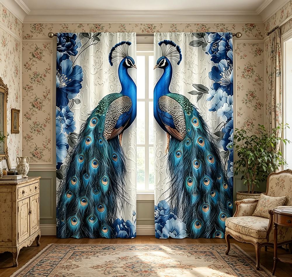 2PCS Digital Printed Curtains, Blue Flower