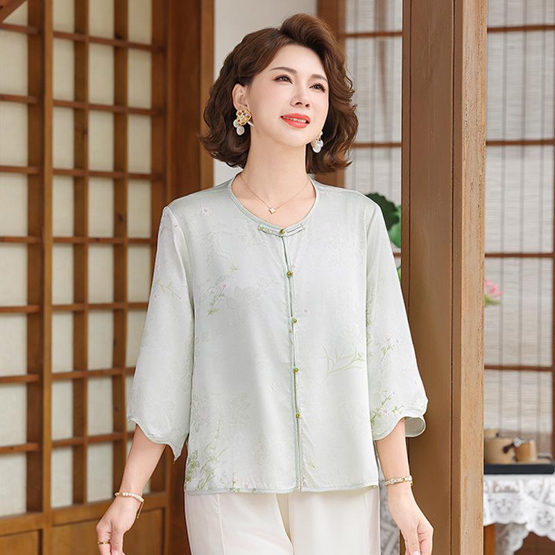 

Summer 2026 Imitation Silk Short-Sleeve Blouse - Fashionable Plus Size for Middle-Aged & Elderly Moms 2XL