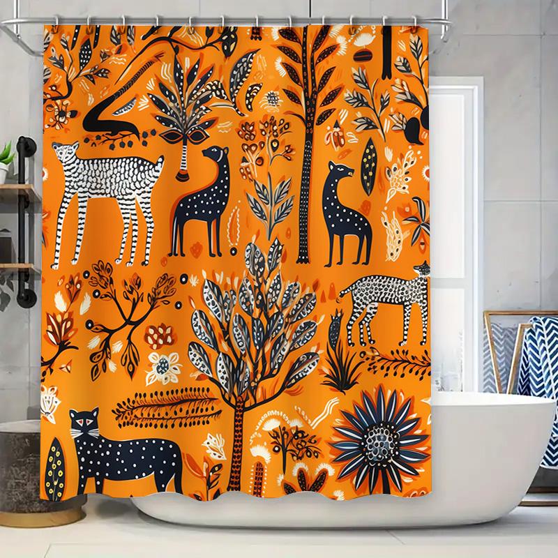 

Bright Floral Shower Curtain with Black and White Animal Print Modern Bathroom Decor for Kids Bedroom Customizable Size Waterpro 90x180cm
