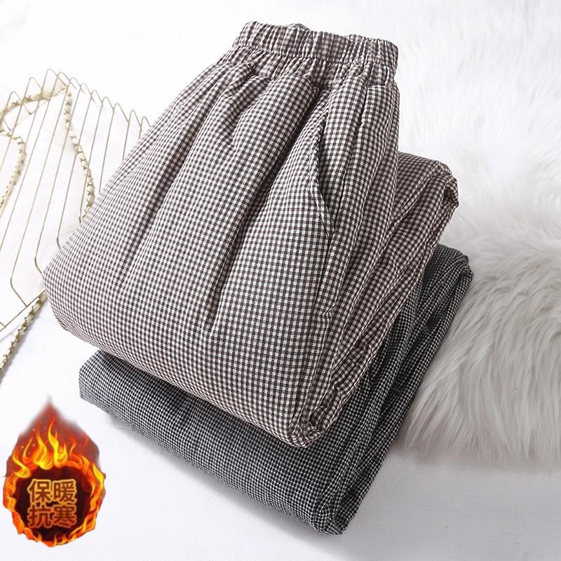 Women's Elastic Waist Harem Pants Linen Cotton Plaid Quilted Trousers Loose Fit Casual Winter Long Pants