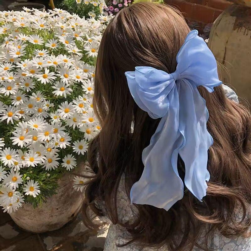 Sweet Chiffon Bow Hair Clips Girls Blue Shining Satin Bowknot Hair Clips Ribbon Bow Barrette Hairpin Grip Ponytail Clip Headwear