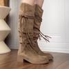 Retro Wasteland Wind Fringed Knight Boots Thick Heel But Knee Long Boots Skinny Shoes Pile Medium Boots Women