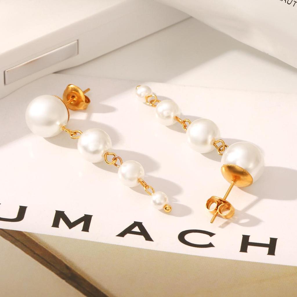 18k Gold Pearl Tassel Stainless Steel Earrings - Elegant Luxury Studs for Women