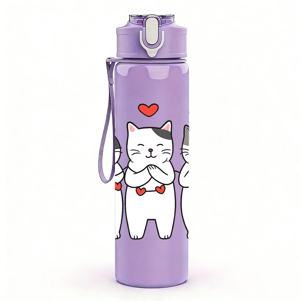 1PC Three Love Heart Cats Cartoon 750ml Color Plastic Sports Water Bottle Leakproof Flip Straw Lid Suitable for Sports Office Home Use