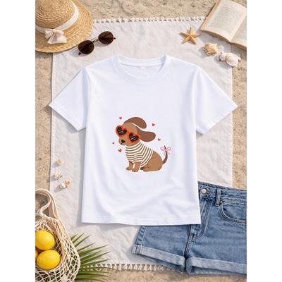 European Sizes Girls' Heart-Shaped Glasses Dachshund Pattern Short Sleeve T-Shirt, Kids' Summer Casual Top, Comfortable And Versatile
