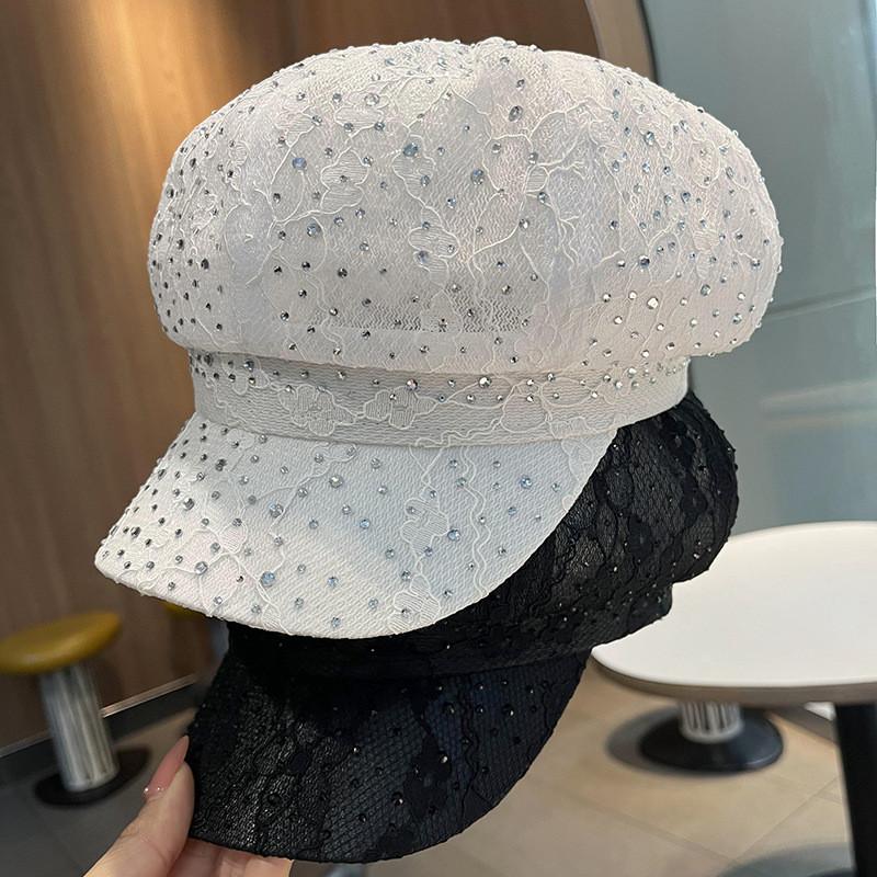 Sommer Spitzen-Netz-Sonnenhut mit Strasssteinen für Damen Modischer Retro-Sonnenschutz