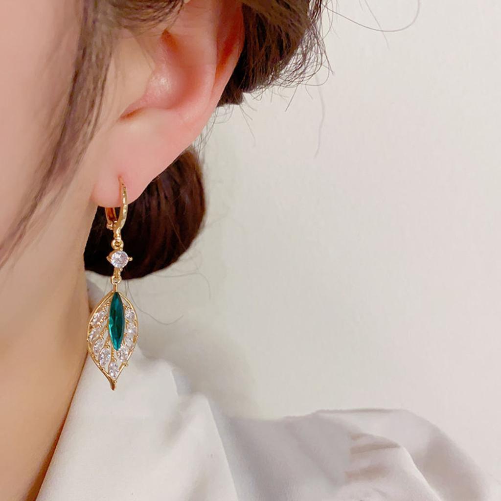 2024 Shining Zircon Green Leaf Earrings: Luxury & Trendy Women's Ear Buckles