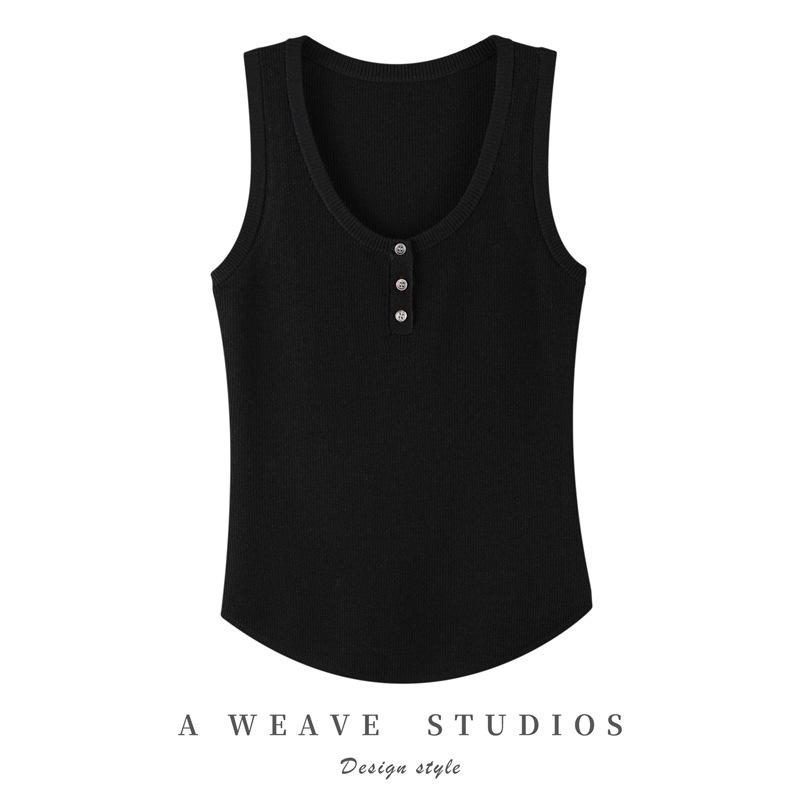 Early Autumn 100% Wool U-Neck Knit Vest: Three-Button, Waist-Cinched, Slim Fit Sleeveless.