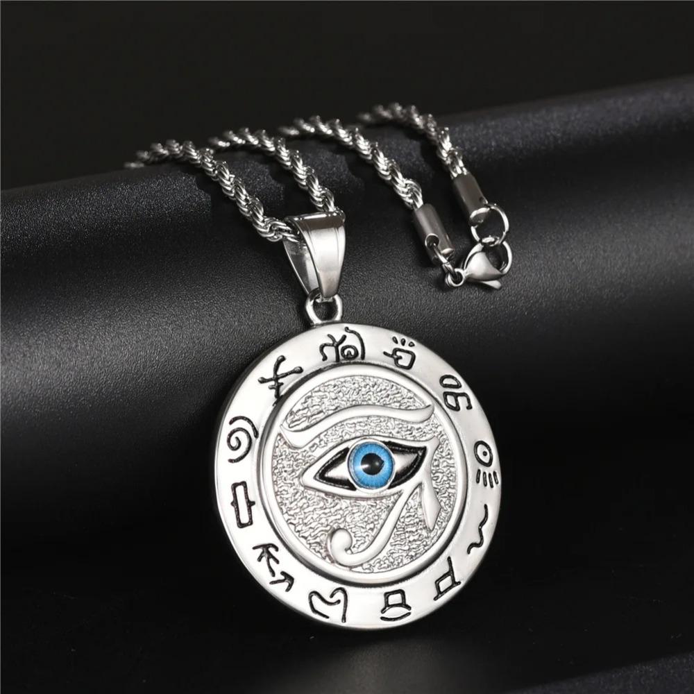 Eye of Horus Muslim Rune Pattern Round Pendant Necklace Men's Necklace Sliding Pendant Metal Necklace Amulet Accessory Jewelry