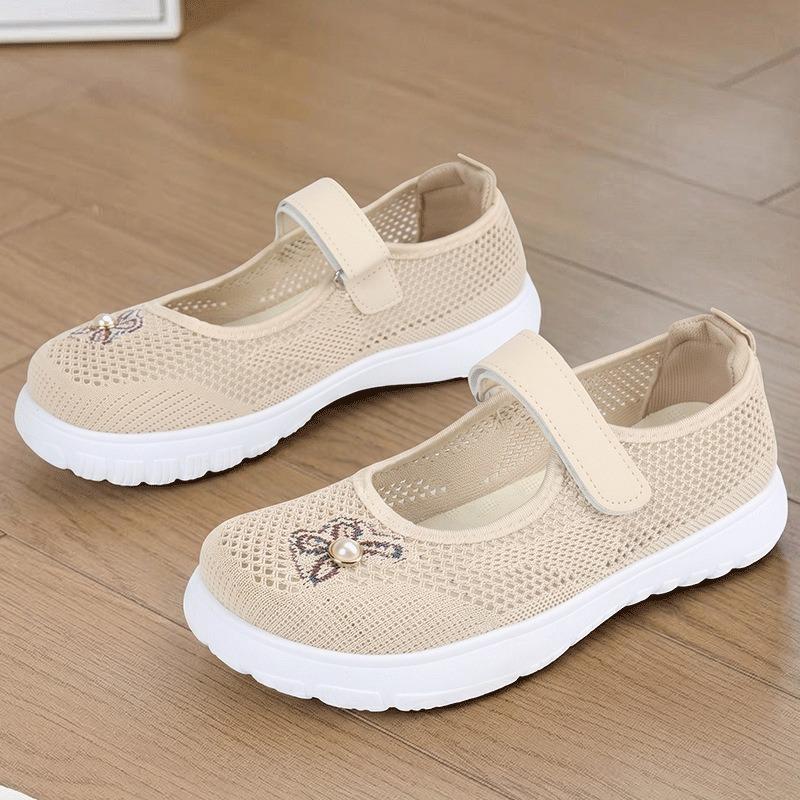 Middle-aged Mother Shoes Summer New Breathable Mesh Velcro Casual Shoes Wide Last Embroidered Middle-aged and Elderly Walking Shoes
