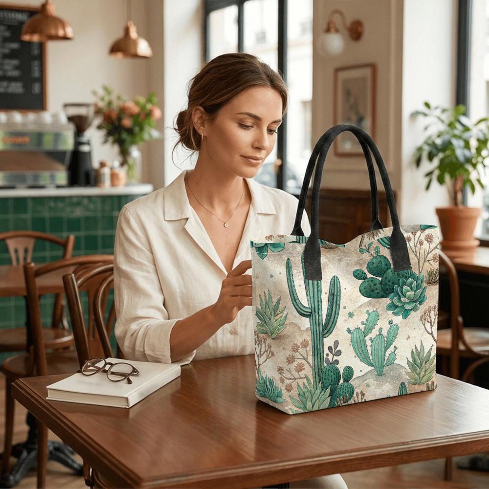  Cactus Pattern Tote Bag Portable Large Capacity Shoulder Bag for Daily Commute Shopping