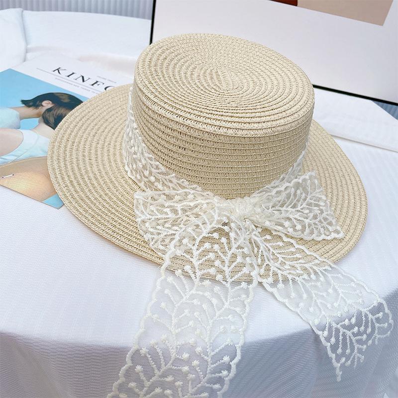 Flat Top Straw Hat Women'S Summer Vacation Style Beach Hat Large Brim Sun Protection Sun Hat French Top Hat