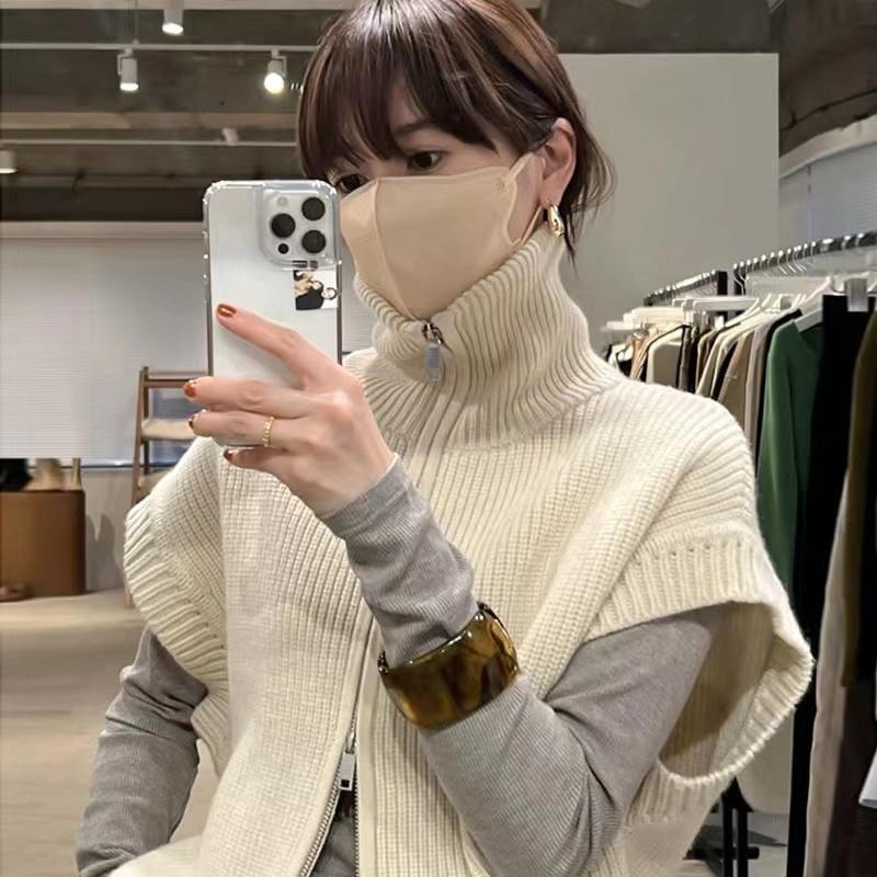 Suéter de punto para mujer de otoño con cuello alto, alta calidad, casual, moderno, sin mangas, con cremallera, camiseta interior, prendas básicas de punto