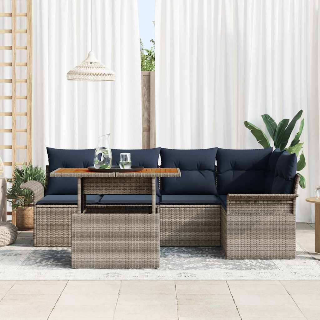 Garden Sofa Set with Cushions 6 Pcs Grey and Navy Blue Poly Rattan