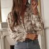 Women Floral Print Ruffle V Neck Pearl Trim Lantern Long Sleeve Loose Blouse