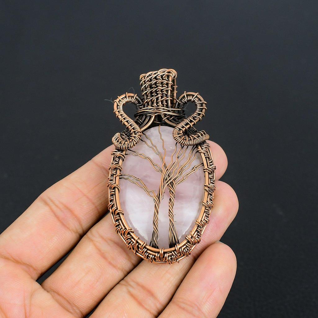 Rose Quartz Jewelry, 999 Copper Wire Wrapped  Pendant Handmade Gemstone Jewelry, Gifts For Wife Brand New Pendant