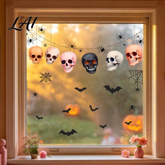 Funny Cat Bat Decals Halloween Static Cling Window Stickers Cute Ghost Pumpkin Glass Holiday Party Decorations Decals Removable Adhesive-Free