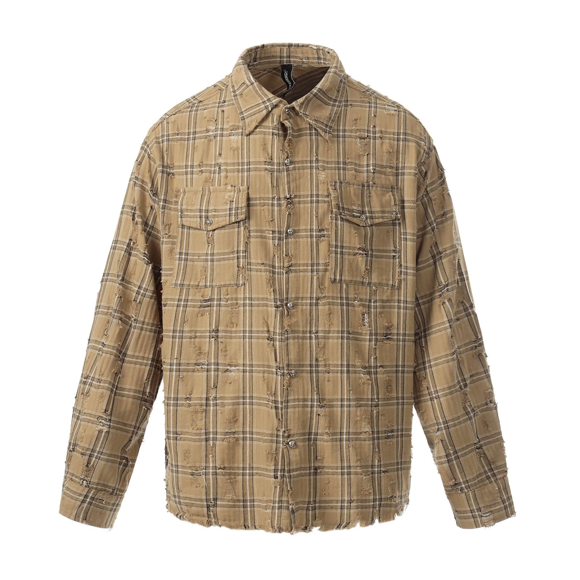 Men s new American retro vintage destruction washed plaid shirt long sleeve jacket men S темно-коричневого