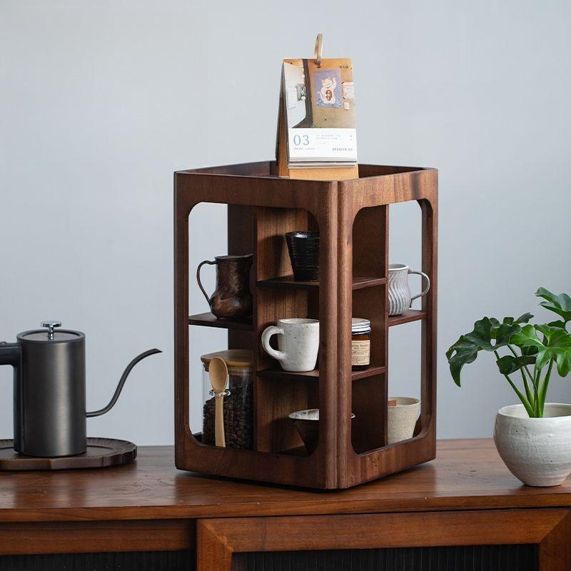 BEPAN Rotatable 4-Tier Walnut Wood Storage Rack Desktop Organizer for Cups Coffee Accessories Solid Wood Stand Home Storage