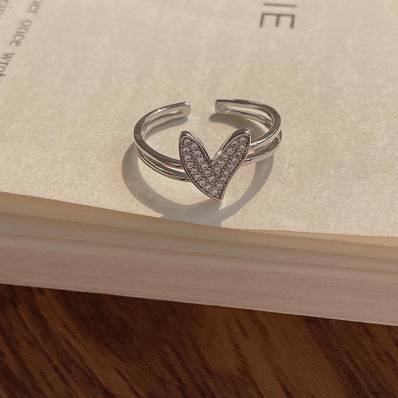 Japanese and Korean style design, slightly inlaid zircon ring, women s open heart ring ring, ins trendy hand Adjustable opening