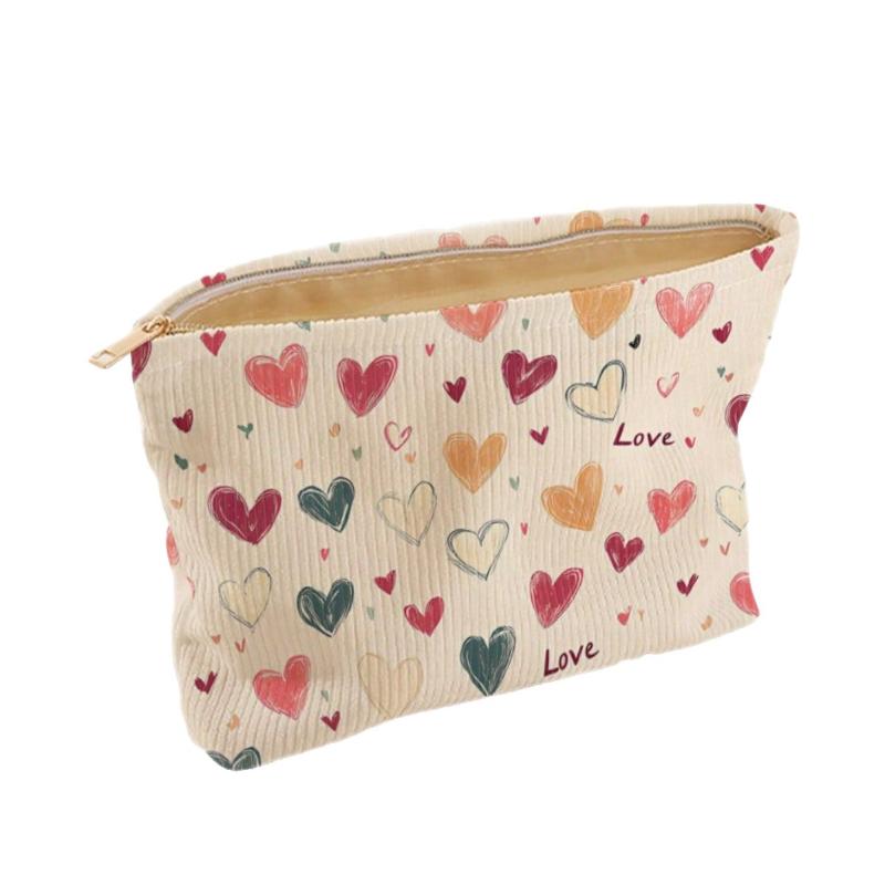 Women's Practical Corduroy Cosmetic Bag Hand Painted Letter Color Heart Print Zipper Pouch for Bridesmaid Gift