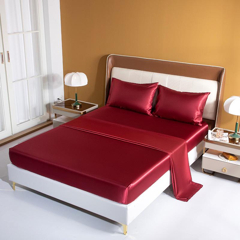 Bed Sheet Fitted Sheet Pillowcase Artificial Silk Satin Four-Piece Set Solid Color Ice Silk Three-Piece Set