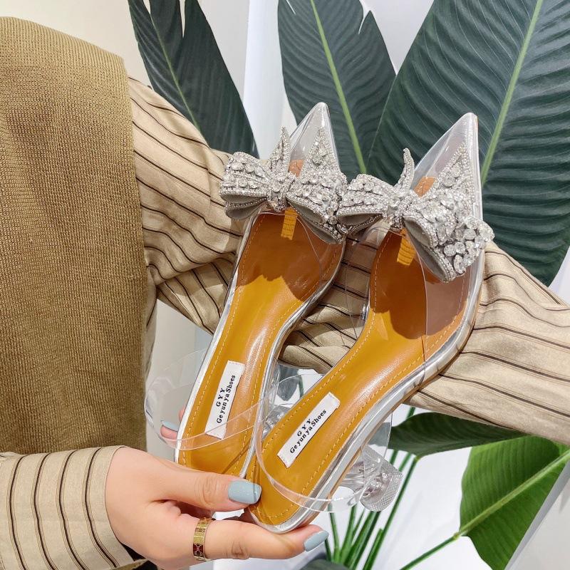 Fashion Silvery Transparent Spike Heels Sequin Rhinestone Women Slingbacks Pumps PVC Sexy Pointed Toe High Heels Shoes Ladies