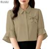 ZANZEA Women Casual Turn Down Collar Solid Color Half Sleeve Blouse
