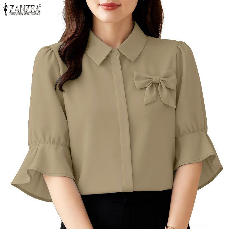 ZANZEA Women Casual Turn Down Collar Solid Color Half Sleeve Blouse