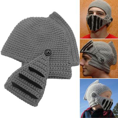 Herren Ritter Strickmützen mit Bart Handgestrickte Wollgarn Strickwaren Winddichte Kopfbedeckung