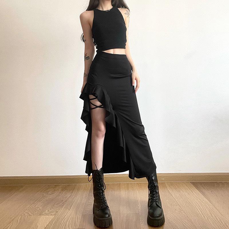 

Stylish High-Waist Irregular Tie Slit Skirt L
