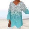 Mujer Primavera Otoño Top Cuello en V Dobladillo irregular Longitud media Manga larga Jersey informal suelto Estampado de flores Color a juego Camiseta de talla grande para mujer