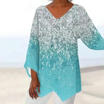 Women Spring Fall Top V Neck Irregular Hem Mid Length Long Sleeve Loose Casual Pullover Flower Print Color Matching Plus Size Lady T-shirt