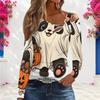 Women Plus Size Asymmetric Cutout Neck Cold Shoulder Long Sleeve Cartoon Panda Halloween Print Top