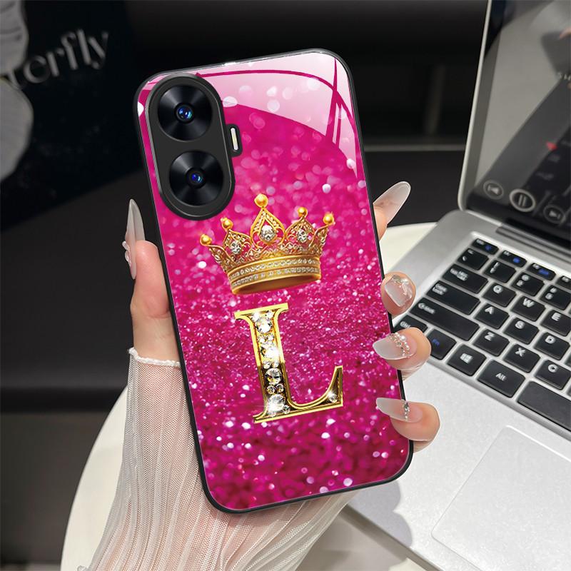 For Realme C55 4G Case Fashion Letters Hard Tempered Glass Back Covers For Realme Narzo N55 NarzoN55 C55 RMX3710 Phone Shell