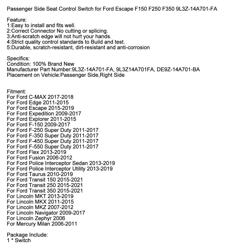 Passenger Side Seat Control Switch for Ford Escape F150 F250 F350 9L3Z-14A701-FA