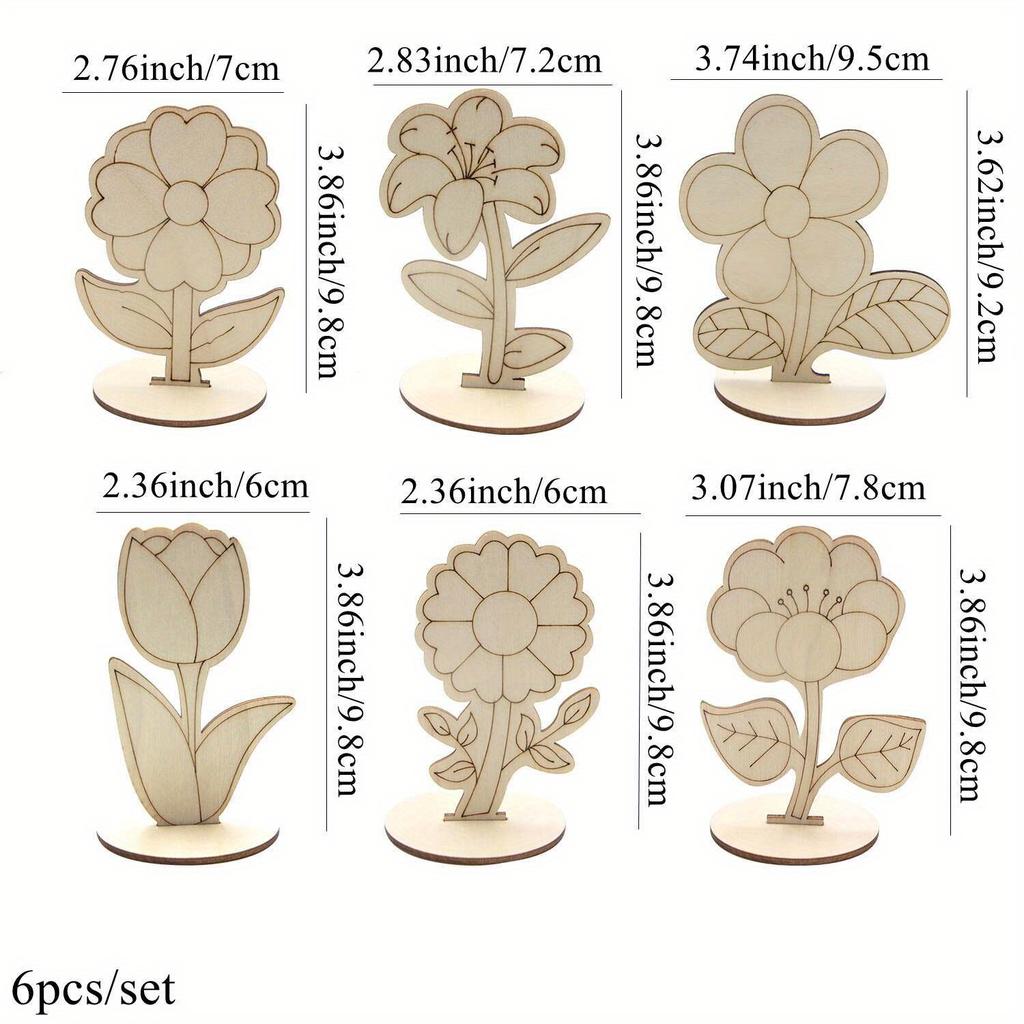 6pcs/set Wooden Ornaments Featuring Roses Lilies Sunflowers Painting Crafts Spring Home Decor Easter Party Table Decorations