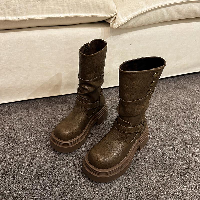 

Британский стиль ретро пряжка ремня круглый носок кожаные ботинки толстый каблук универсальные полусапоги женские 2025 осень и зима темперамент ботинки Мартин 40 темно-коричневого