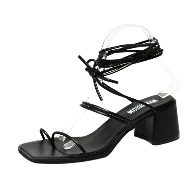 Sandals Women's Summer Ins Trendy New Fashion Versatile Medium Heel Leggings Lace-up Internet Celebrity Thick Heel Roman Shoes