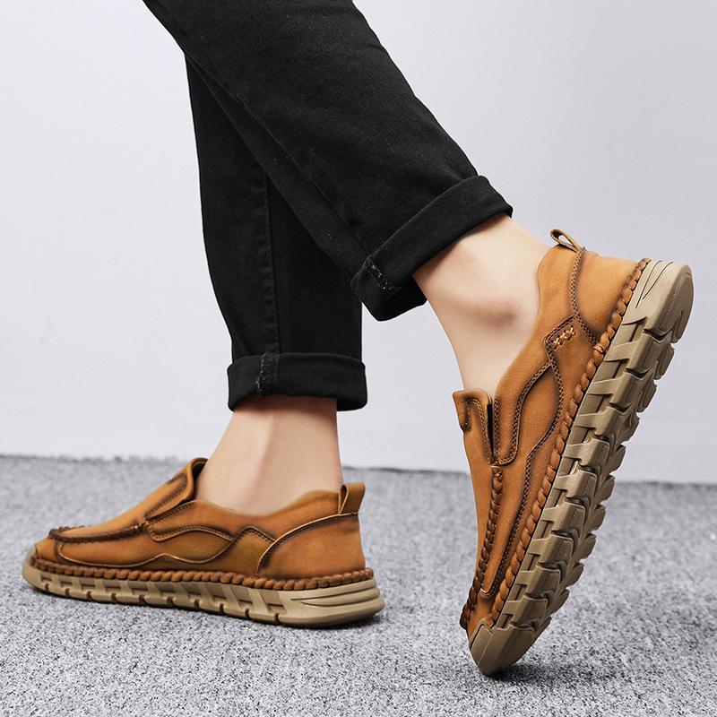 Men's Spring/Autumn Fashionable Slip-On Leather Shoes, Hand-Stitched, Large Size Casual Low-Top.