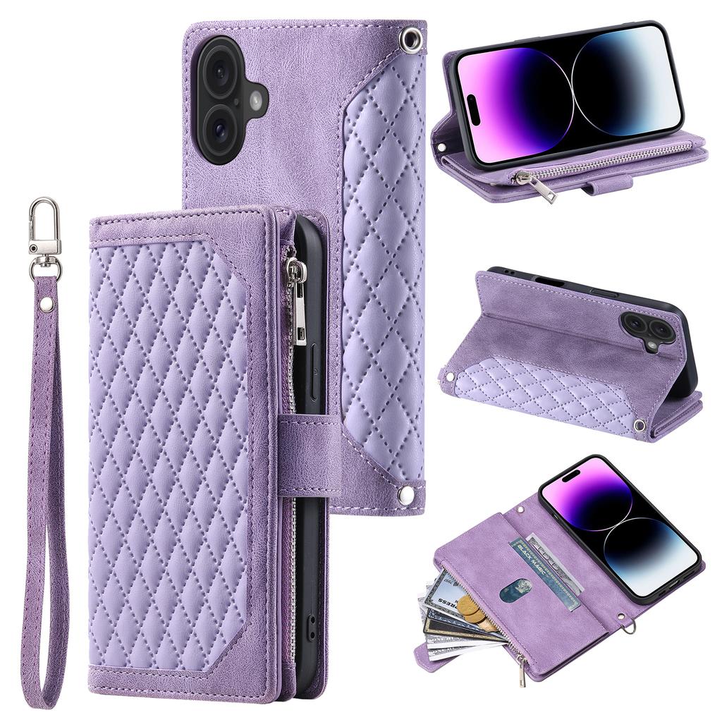 Styl 005 Pouzdro pro iPhone 16 PU kůže Peněženka Kryt na telefon Kosočtvercové prošívání