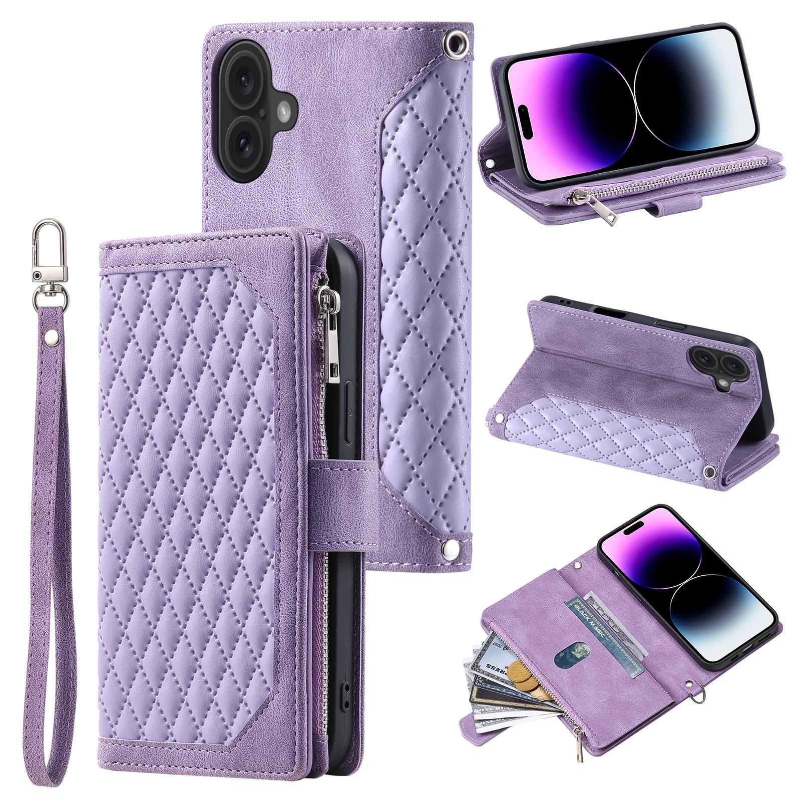 

Style 005 For iPhone 16 Case PU Leather Wallet Phone Cover Rhombus Stitching Line