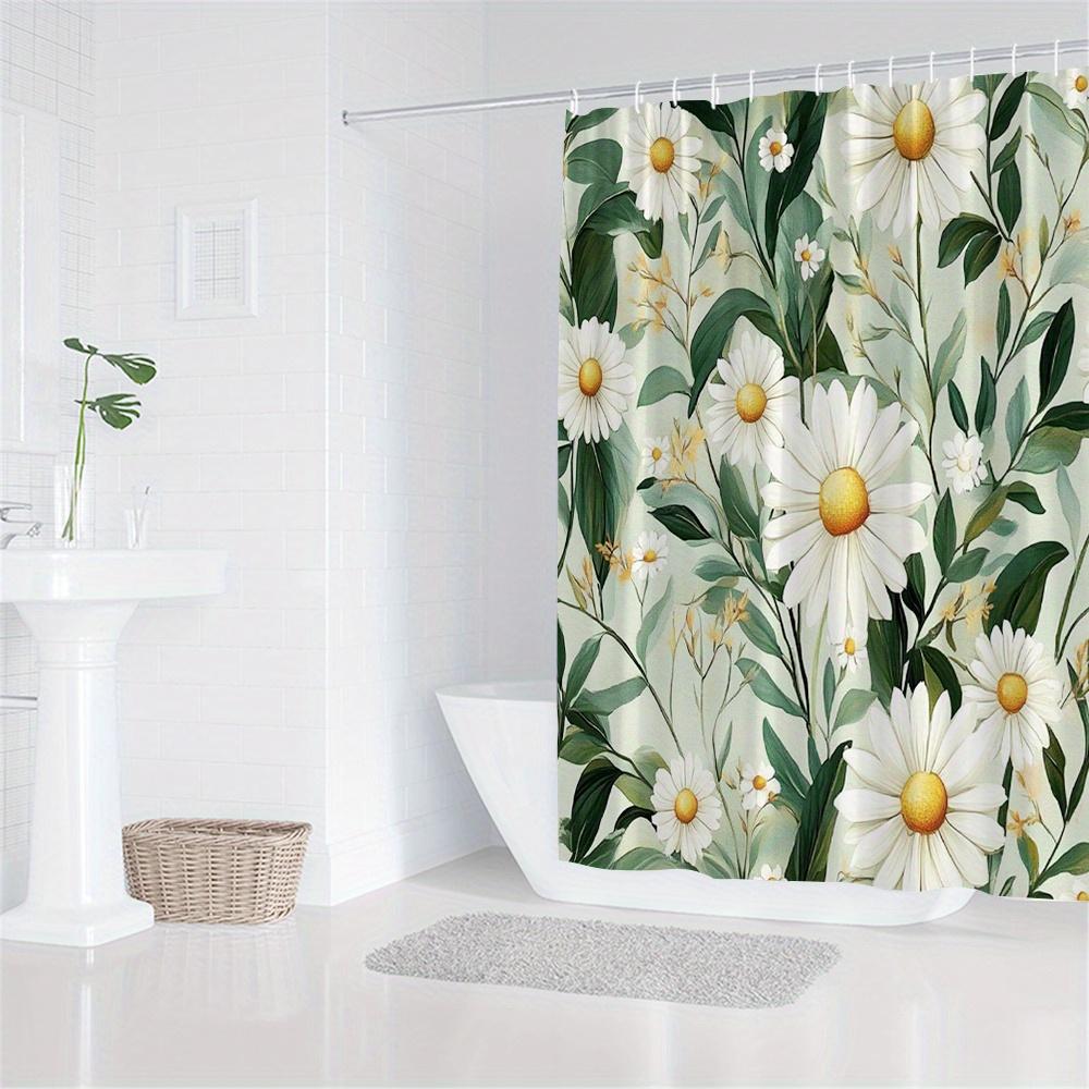 1 szt. zasłona prysznicowa w wzór stokrotek, tkanina poliestrowa, można prać w pralce, z haczykami, odpowiednia do dekoracji łazienki.